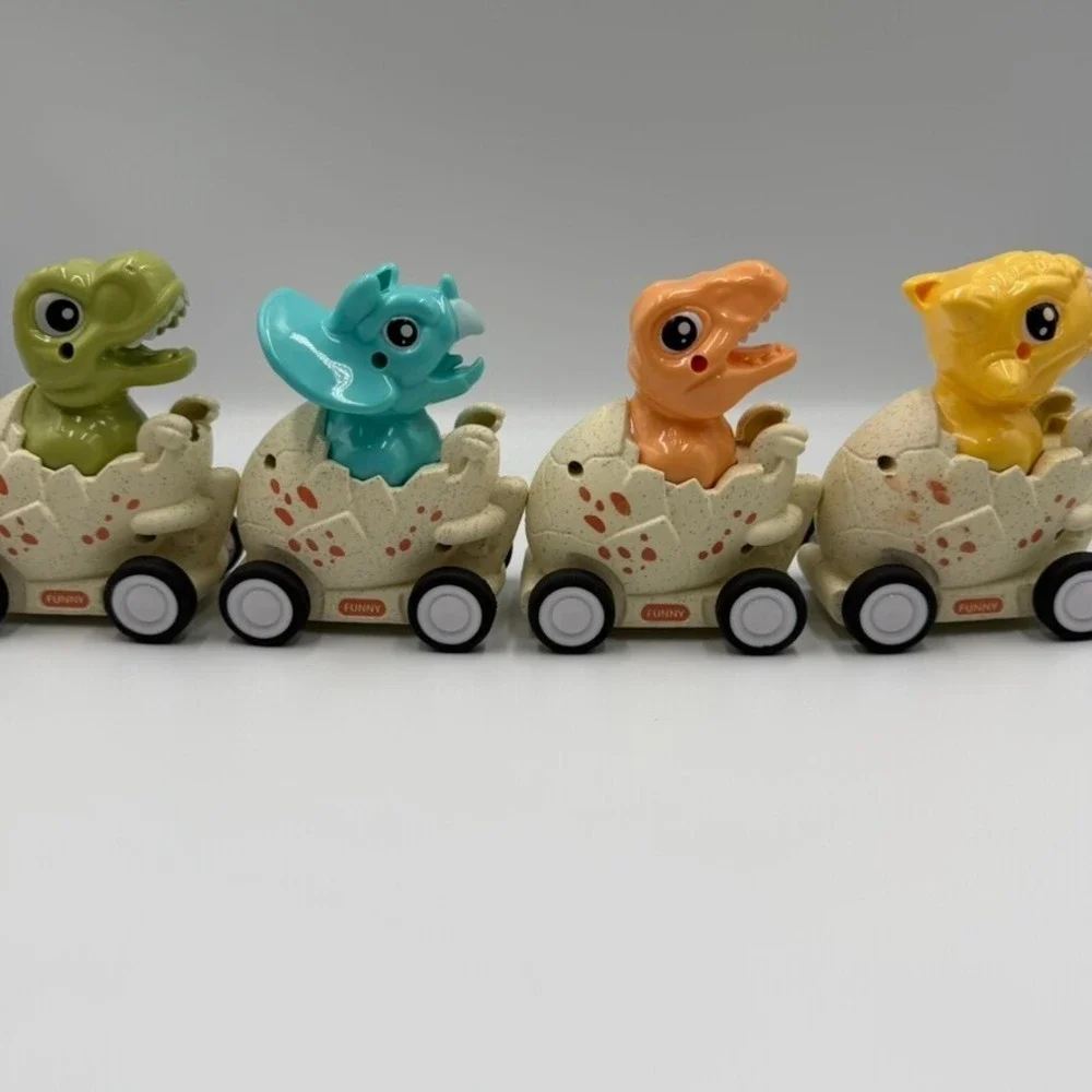 Funny Dinosaur Egg Pull Back Toy Cars Set of 4 Friction Powered Vehicles Multi